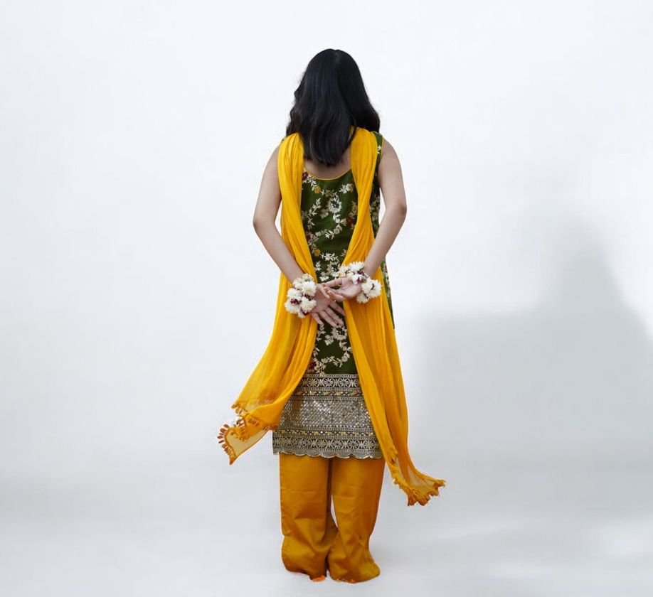 Olive Green Embroidered Kurta and Yellow Palazzo Set